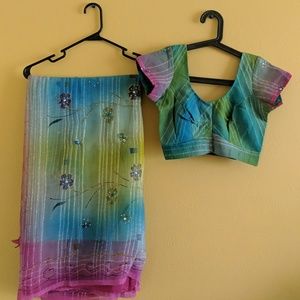 Women's Multicolor Silk Blend Saree Set with Matching Blouse